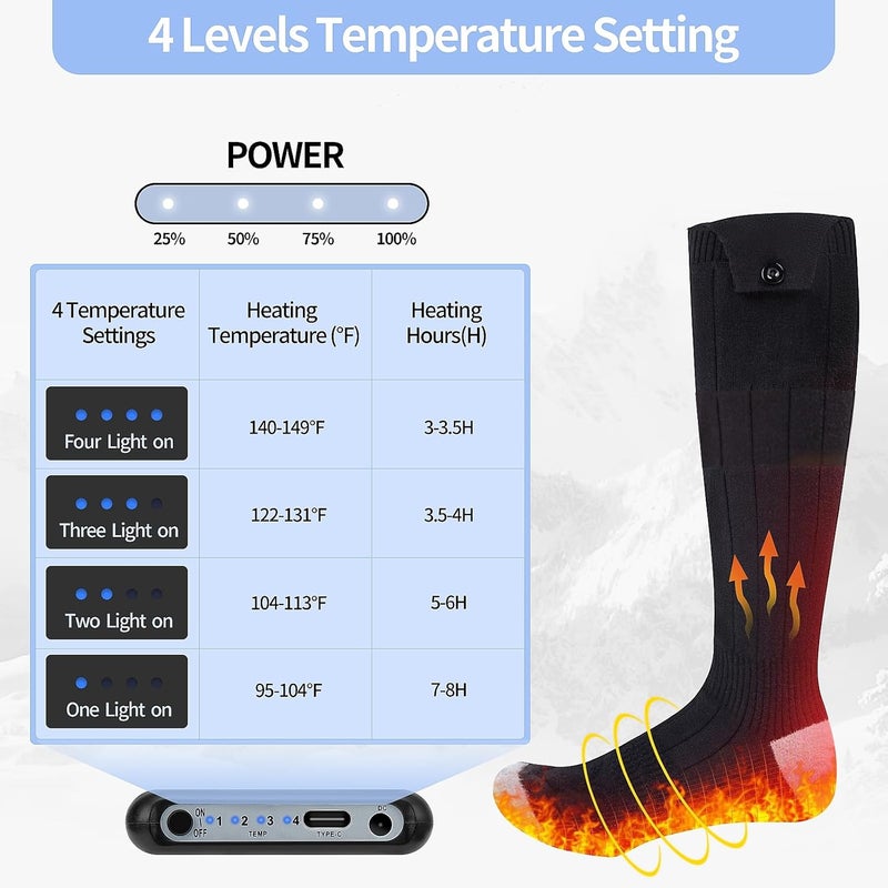 ZUOYA Heated Socks for Men Women - Rechargeable, Washable, Electric Heated Socks Up to 8 Hours with 4 Heating Levels for Hunting, Camping, Hiking, Skiing, Walking, Fishing, Cycling, Outdoor Work(All Black) - Image 2